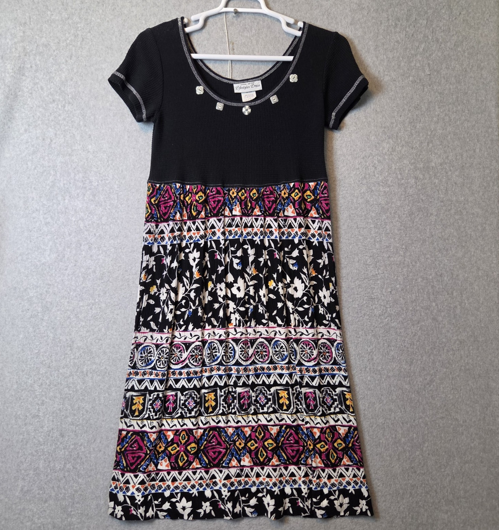 Sharon Anthony Cotton Black Mixed Print SS Midi Grannycore Shift Dress Womens 10
